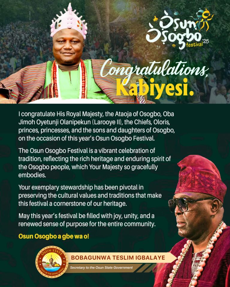 2025 Osun Osogbo Festival: Osun SSG Teslim Igbalaye Felicitates Ataoja, People of Osogbo